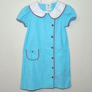 Shrimp & Grits Retro Corduroy Dress Peter Pan Collar Blue + Red Accents Size 6
